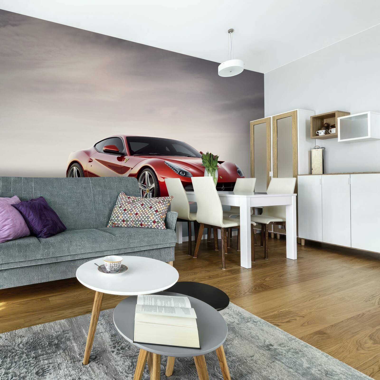 Фотошпалери червоний спортивний автомобіль зображений на сірому тлі