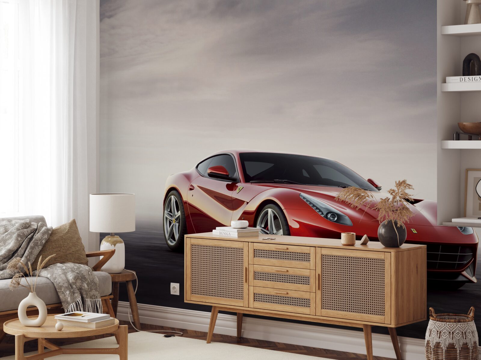 Фотошпалери червоний спортивний автомобіль зображений на сірому тлі