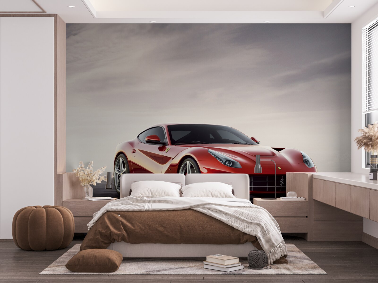 Фотошпалери червоний спортивний автомобіль зображений на сірому тлі