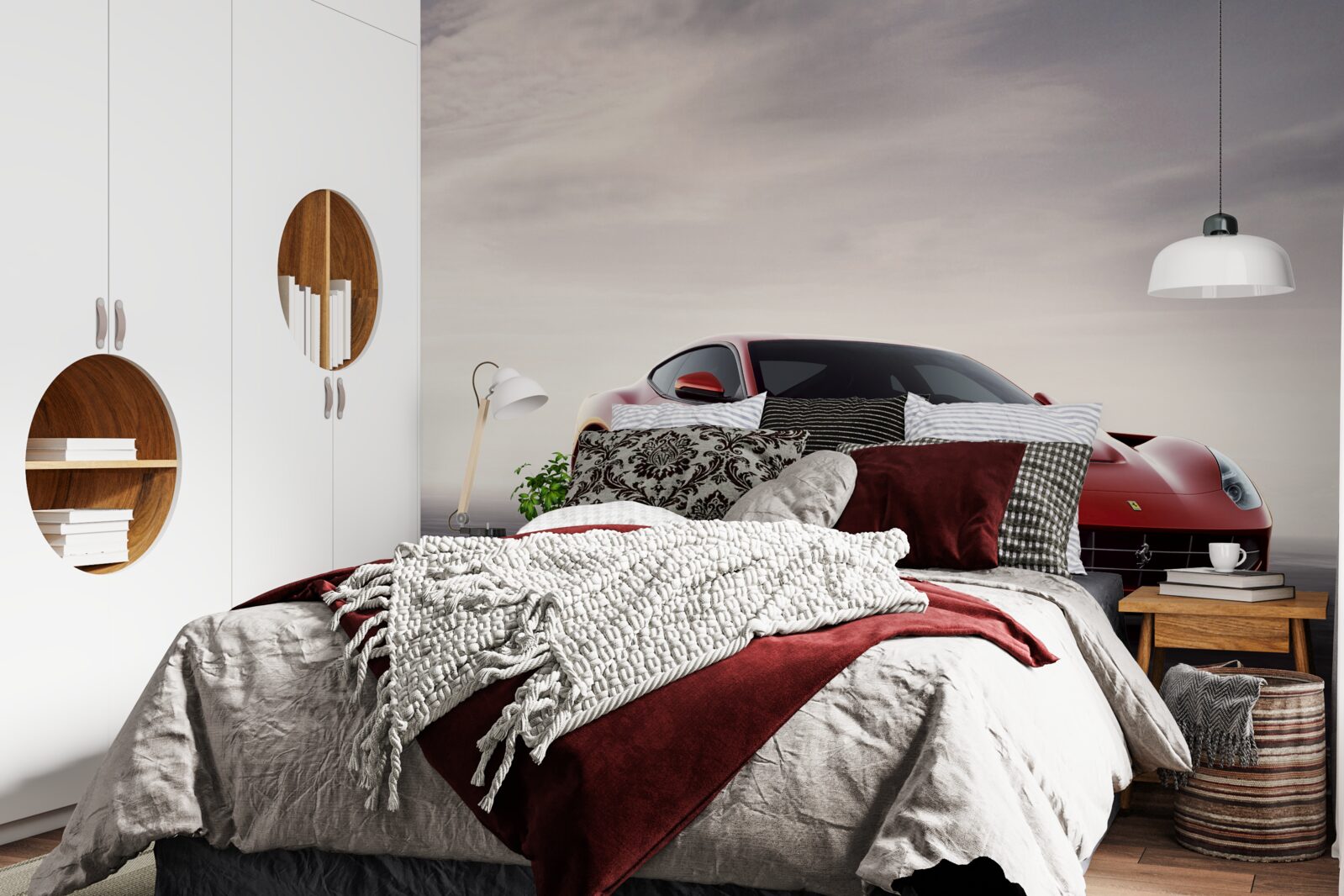 Фотошпалери червоний спортивний автомобіль зображений на сірому тлі