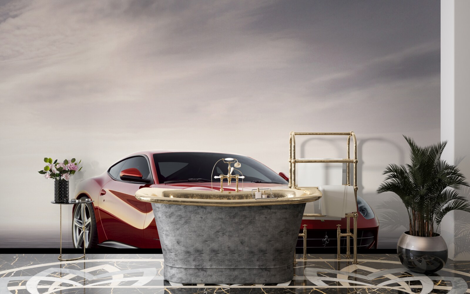 Фотошпалери червоний спортивний автомобіль зображений на сірому тлі