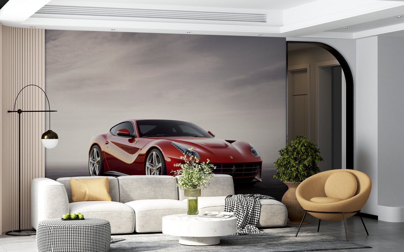 Фотошпалери червоний спортивний автомобіль зображений на сірому тлі