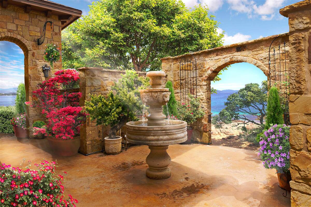 Фотошпалери тихий і зелений двір з фонтанами та клумбами