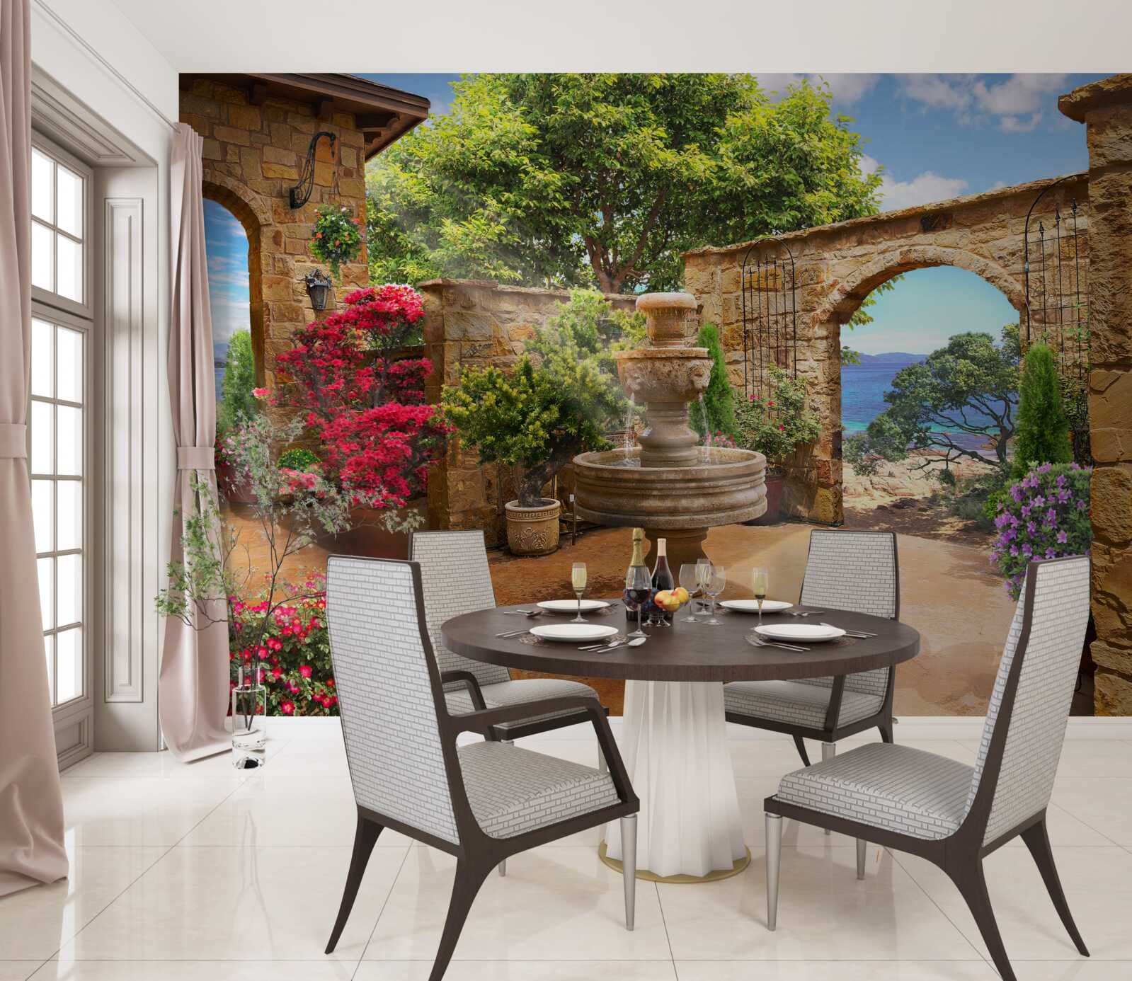 Фотошпалери тихий і зелений двір з фонтанами та клумбами