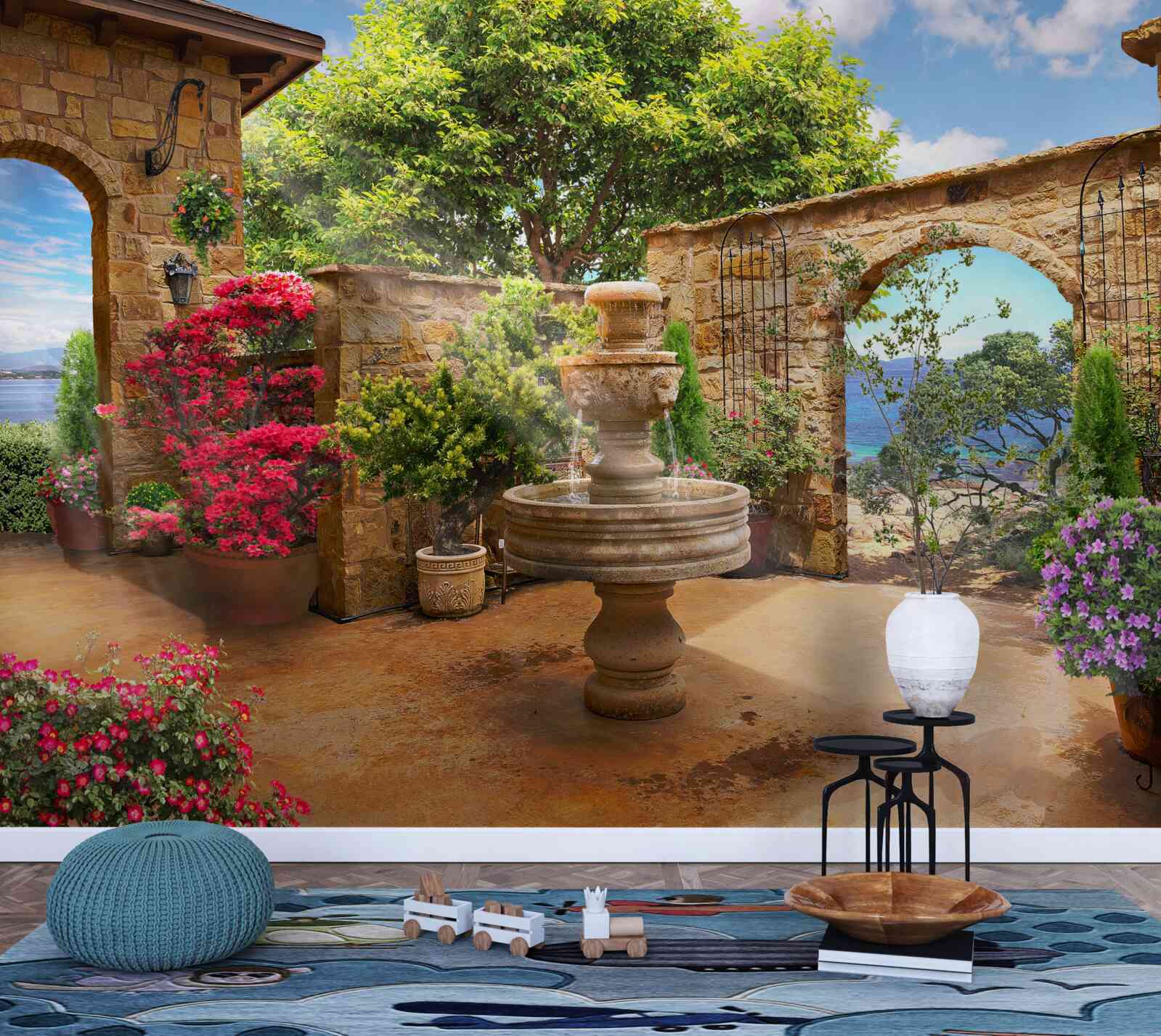 Фотошпалери тихий і зелений двір з фонтанами та клумбами