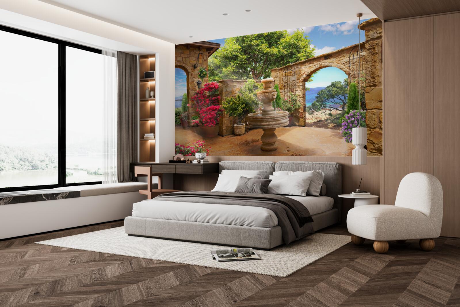 Фотошпалери тихий і зелений двір з фонтанами та клумбами