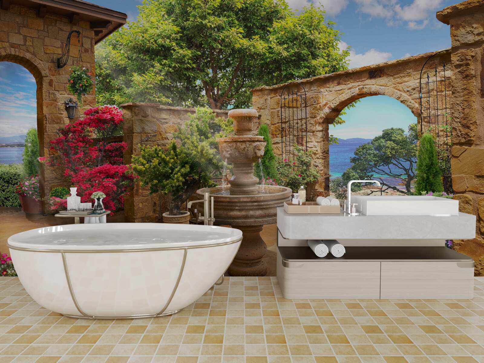 Фотошпалери тихий і зелений двір з фонтанами та клумбами