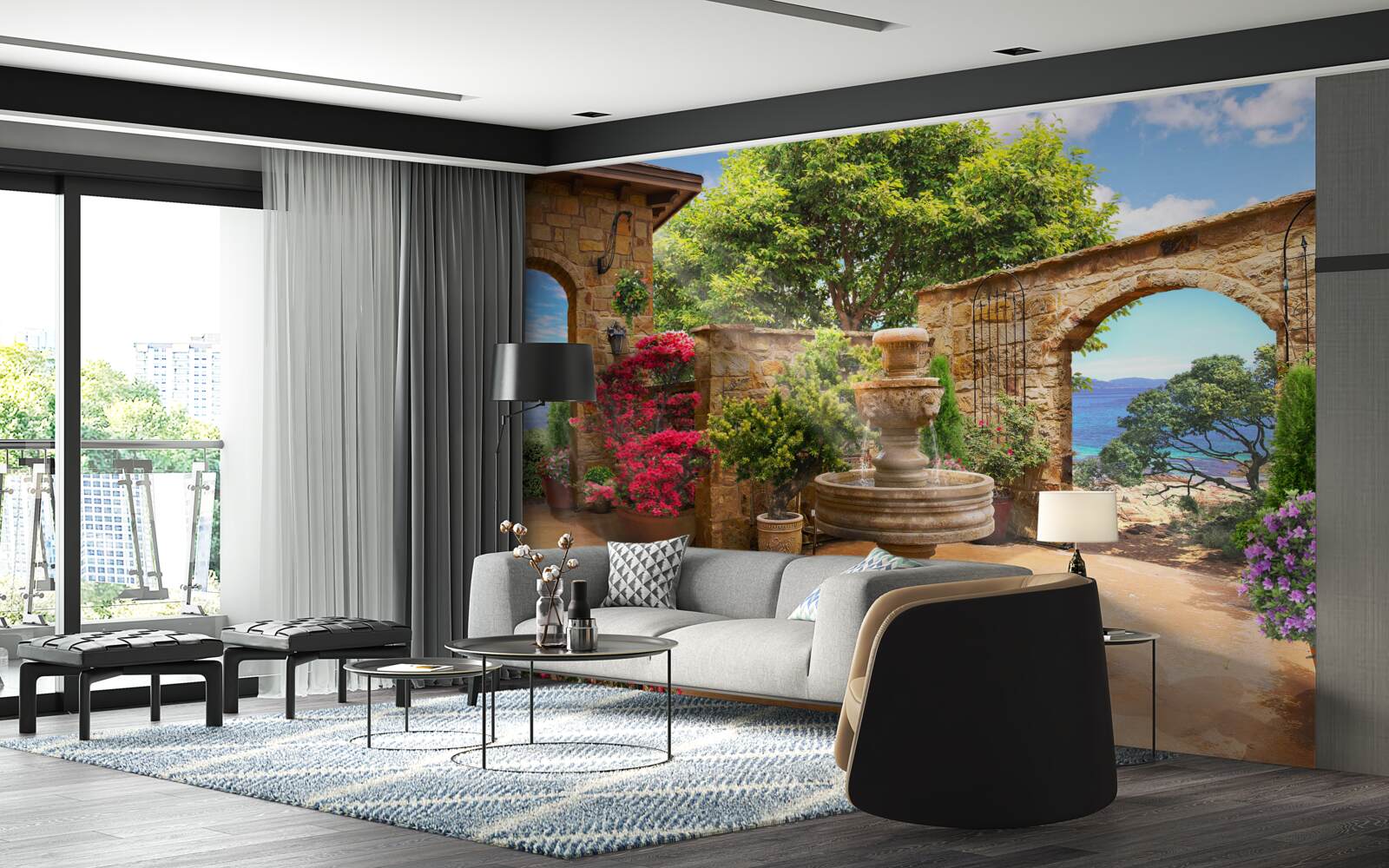 Фотошпалери тихий і зелений двір з фонтанами та клумбами