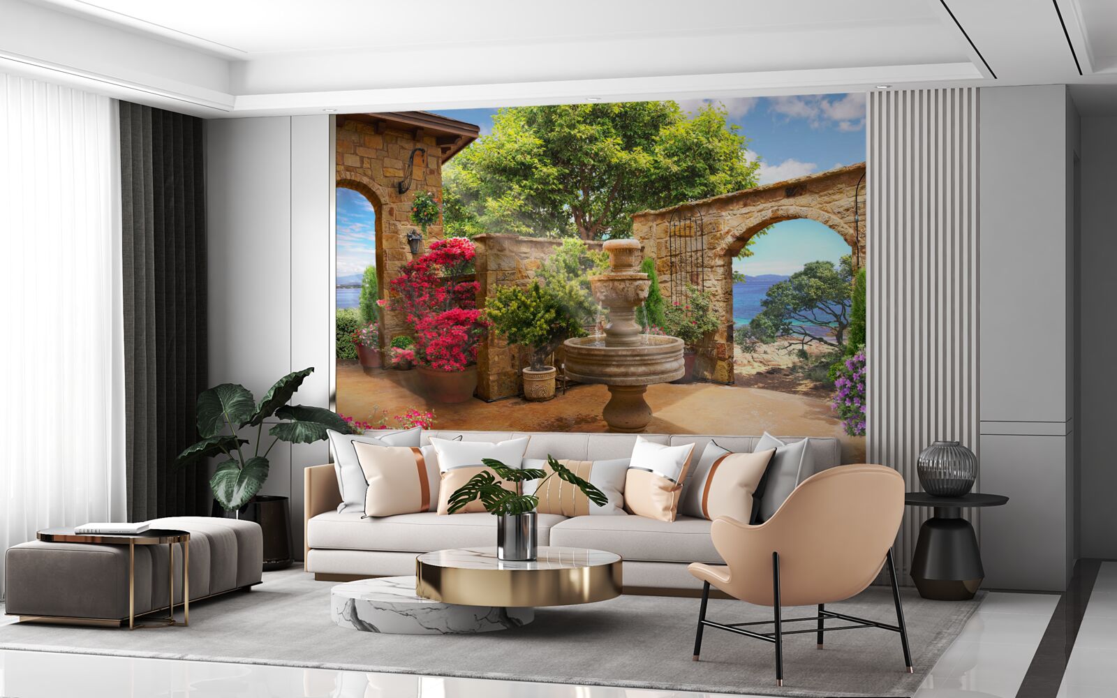 Фотошпалери тихий і зелений двір з фонтанами та клумбами