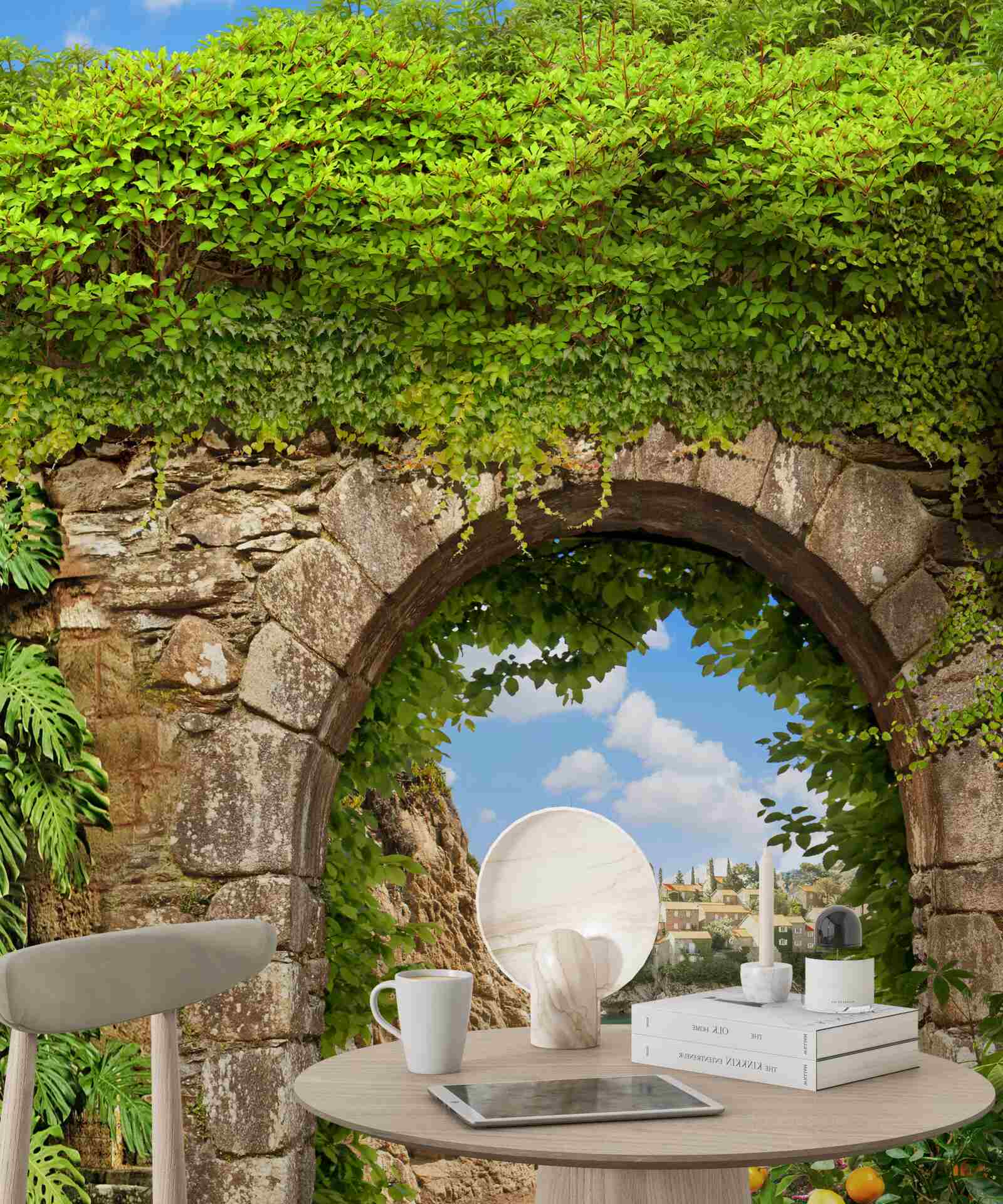 Фотошпалери стара кам'яна арка, переплетена зеленню