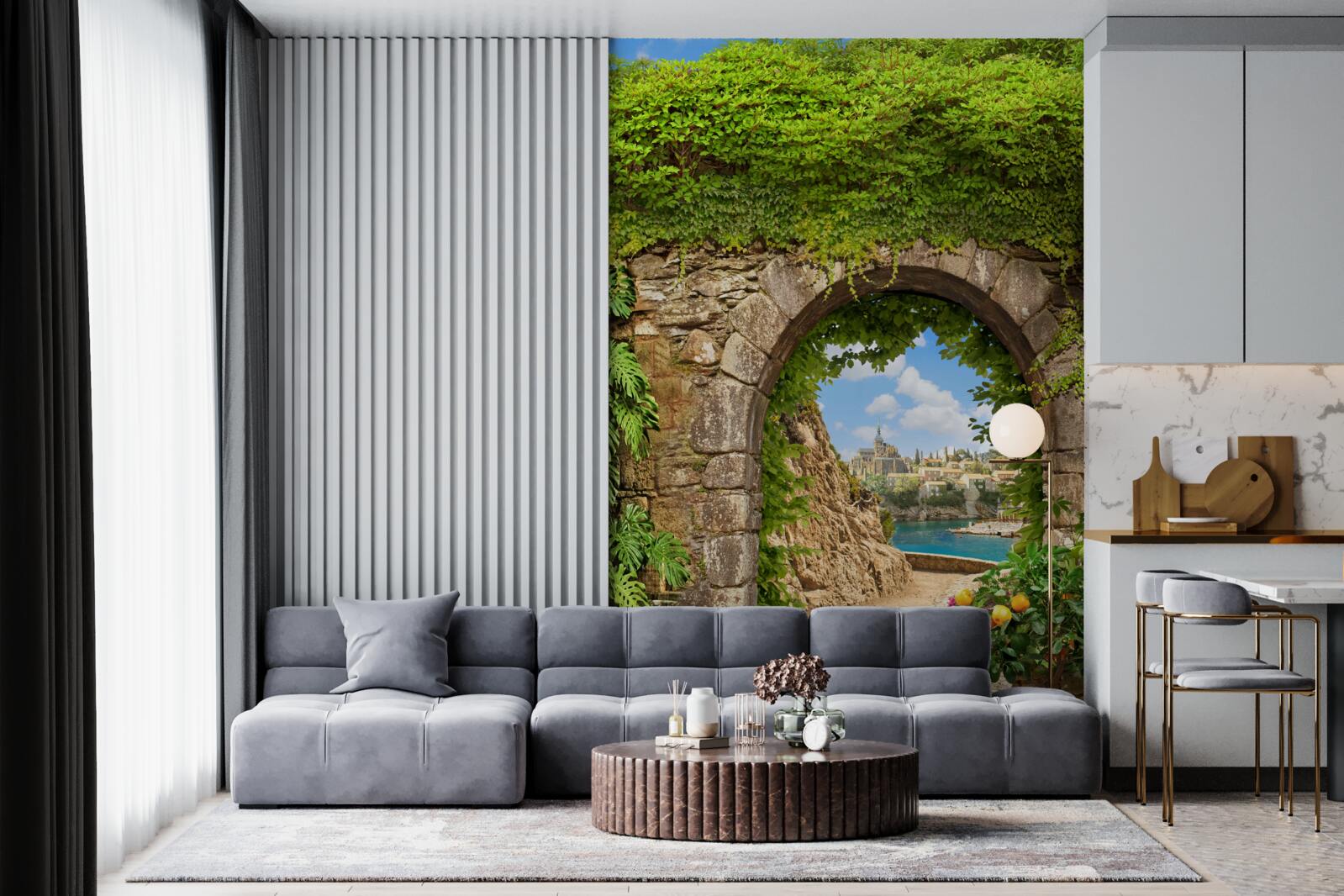 Фотошпалери стара кам'яна арка, переплетена зеленню