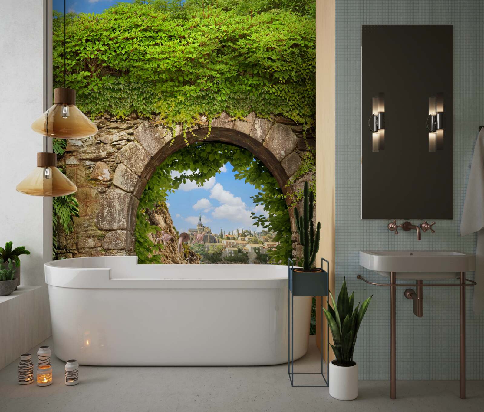 Фотошпалери стара кам'яна арка, переплетена зеленню