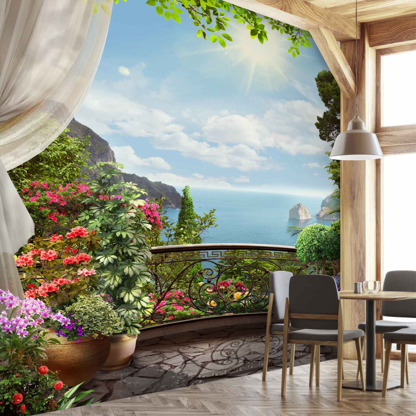 Фотошпалери з балкона видно океан, що тягнеться до горизонту, і стрімкі скелі