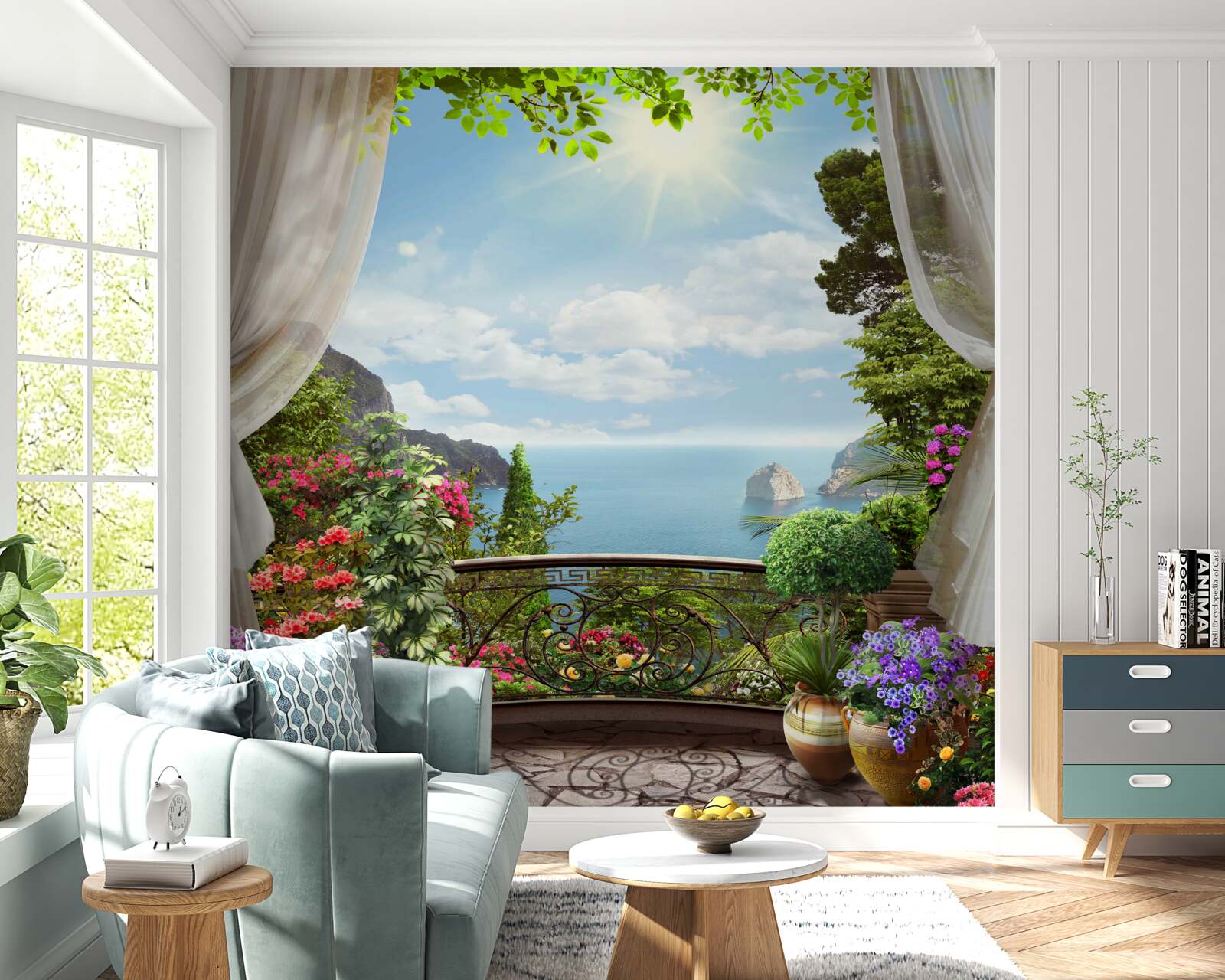 Фотошпалери з балкона видно океан, що тягнеться до горизонту, і стрімкі скелі