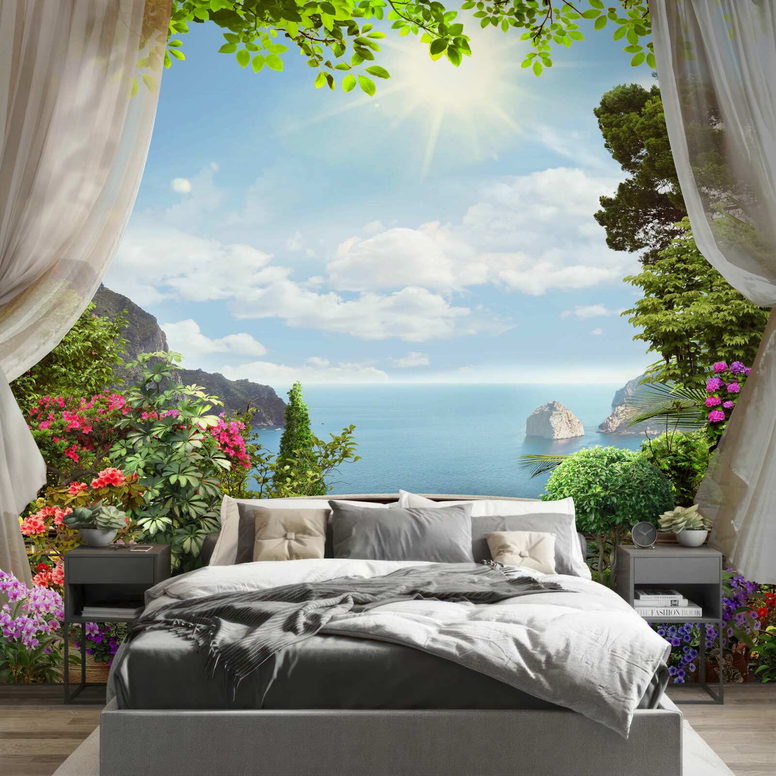 Фотошпалери з балкона видно океан, що тягнеться до горизонту, і стрімкі скелі