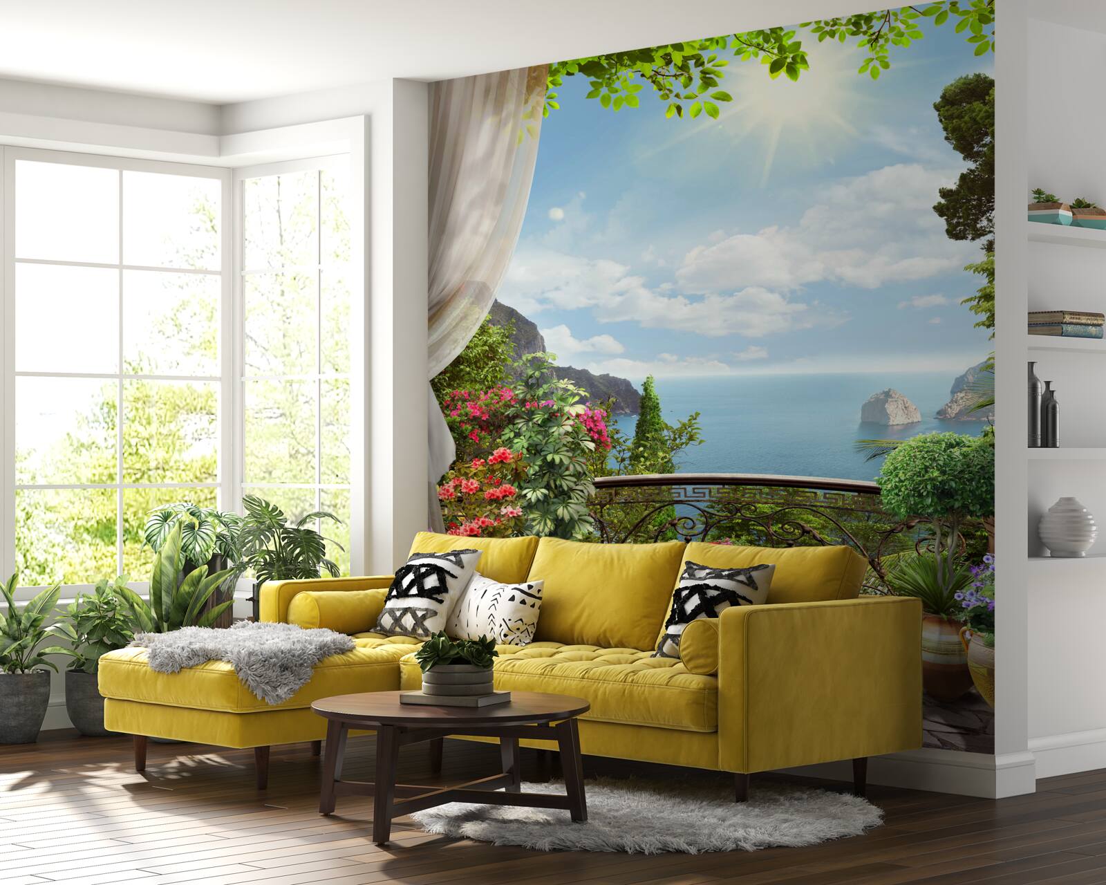 Фотошпалери з балкона видно океан, що тягнеться до горизонту, і стрімкі скелі