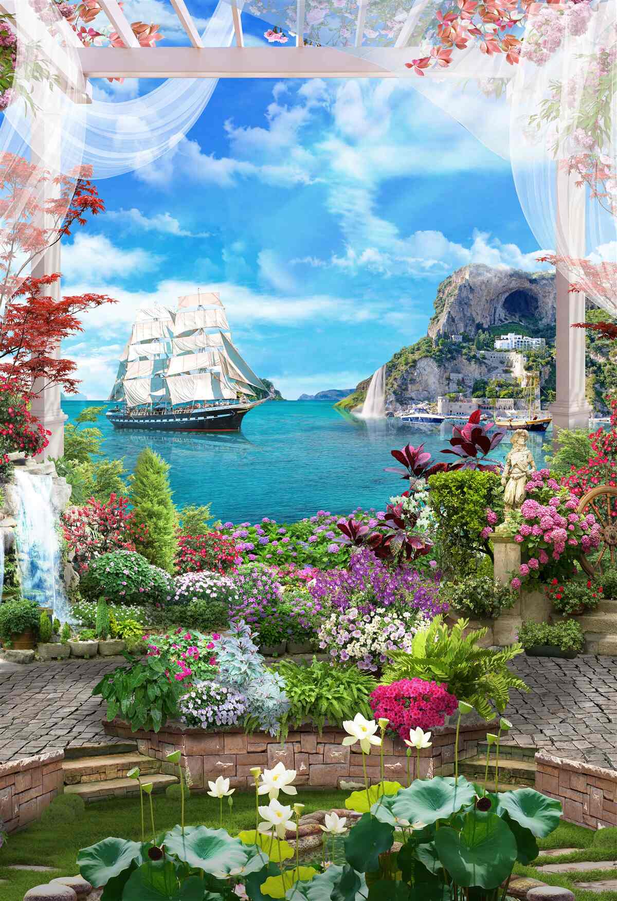 Фотошпалери з балкона можна побачити вітрильник, що стоїть на якорі в гавані