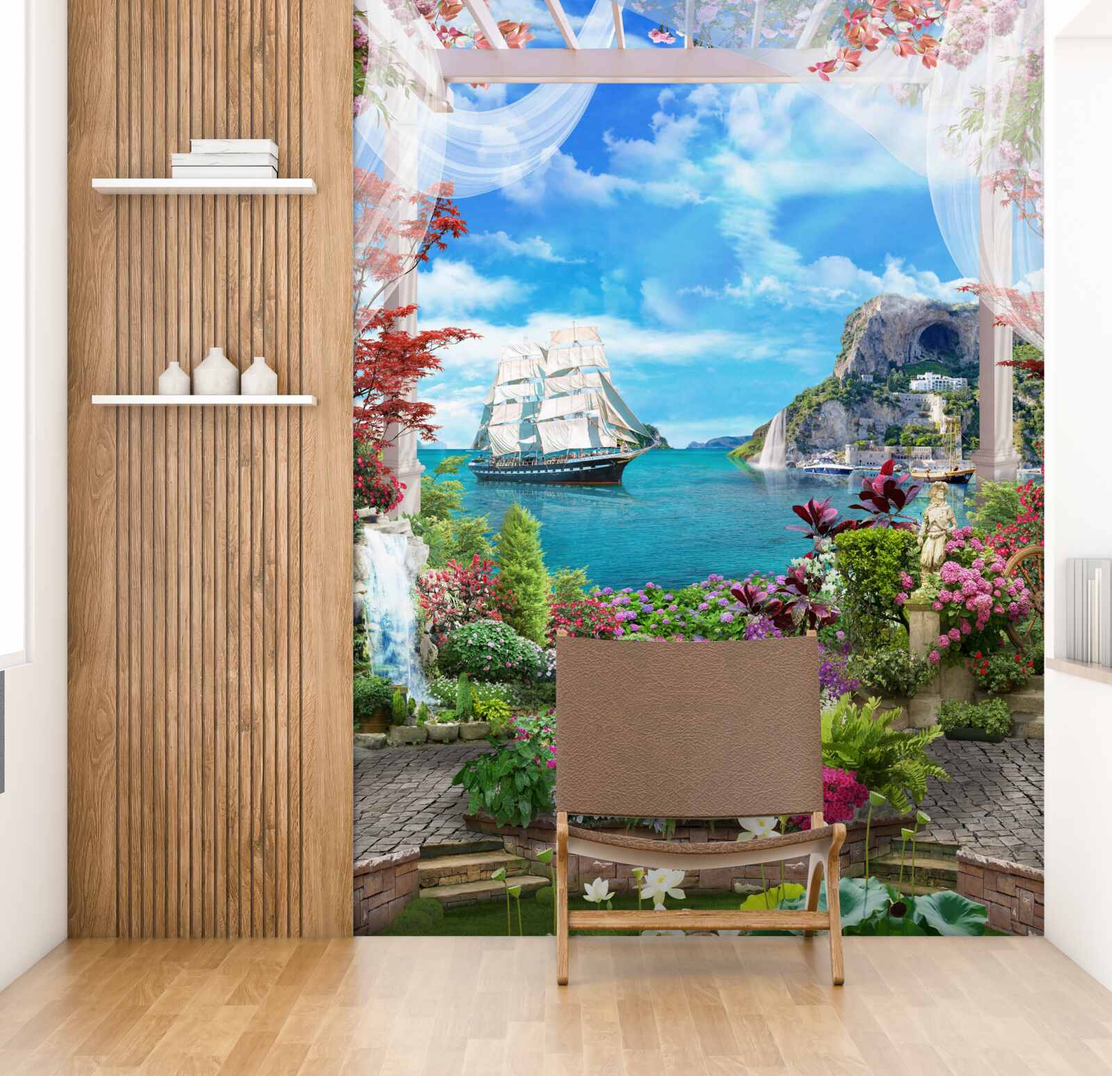 Фотошпалери з балкона можна побачити вітрильник, що стоїть на якорі в гавані