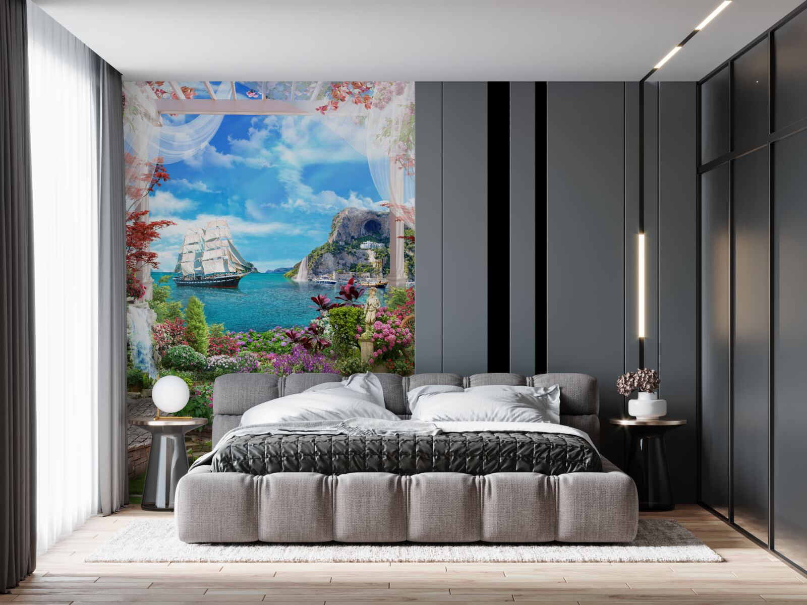 Фотошпалери з балкона можна побачити вітрильник, що стоїть на якорі в гавані