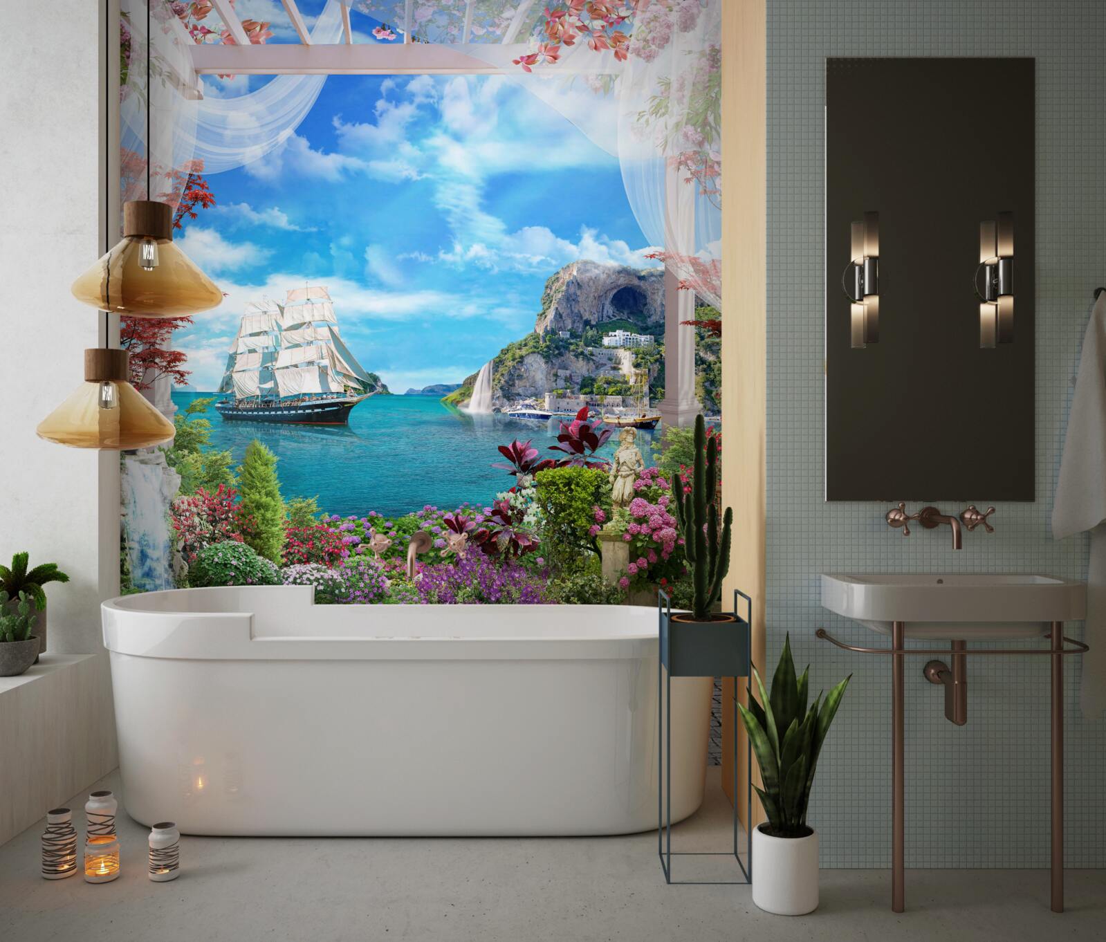 Фотошпалери з балкона можна побачити вітрильник, що стоїть на якорі в гавані