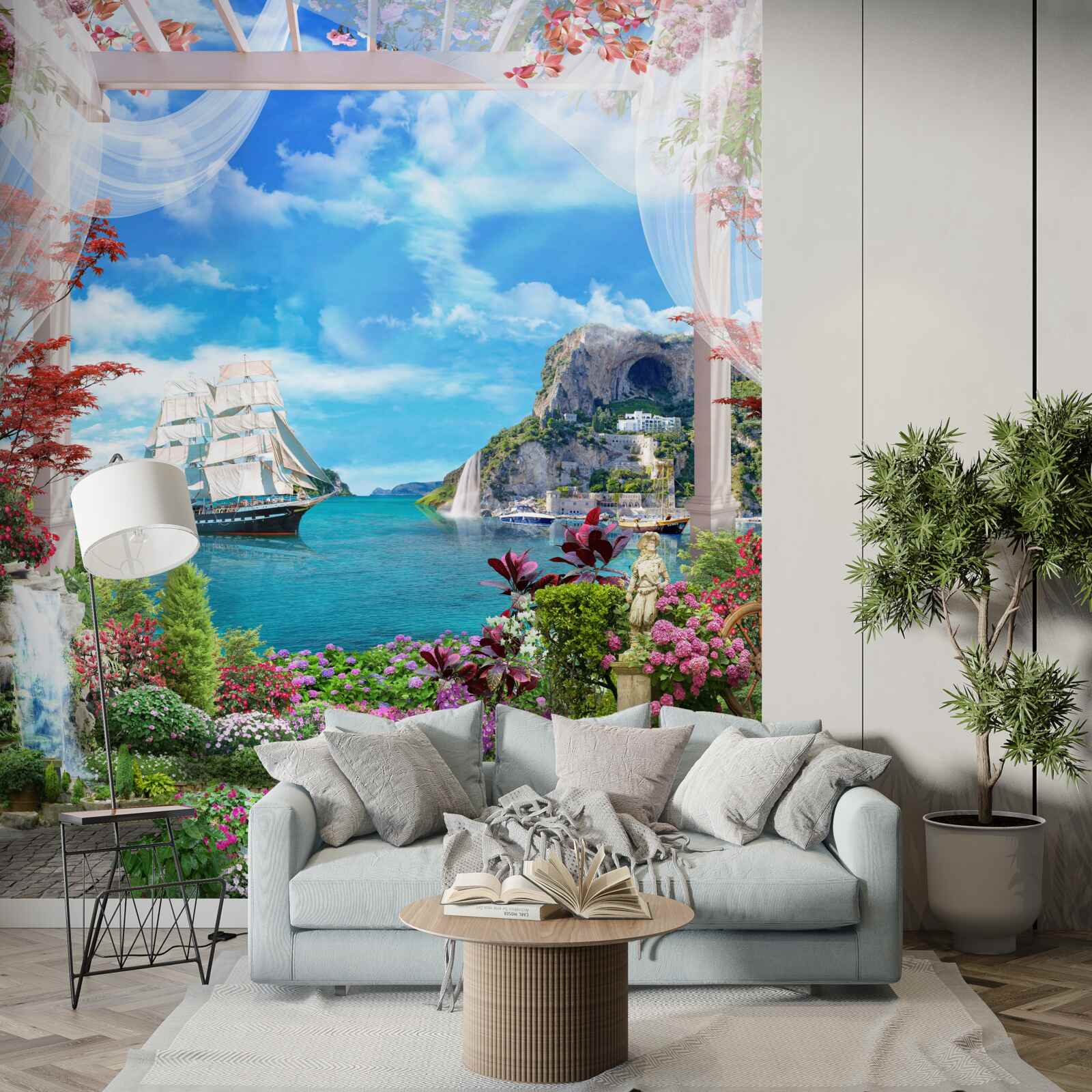 Фотошпалери з балкона можна побачити вітрильник, що стоїть на якорі в гавані