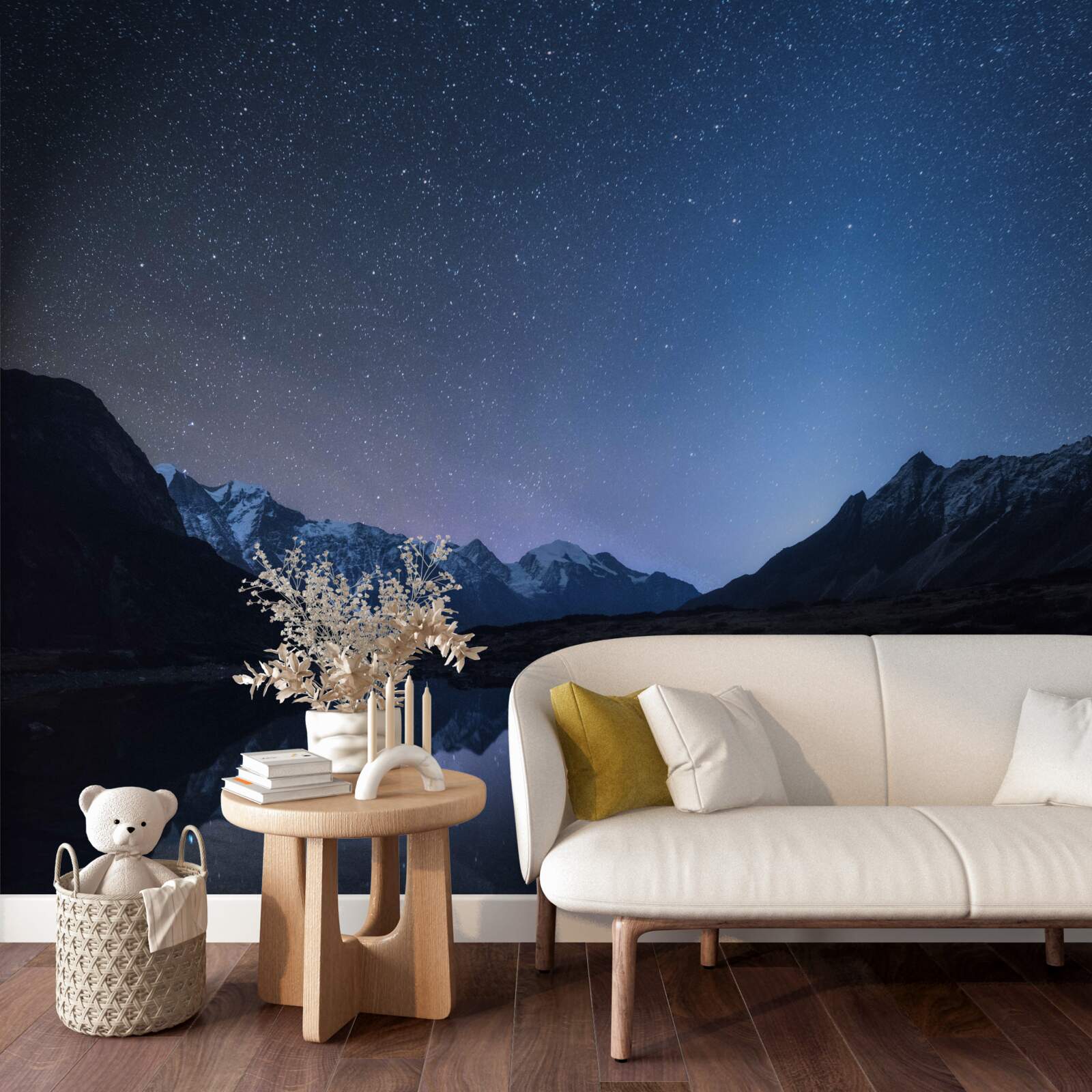 Фотошпалери сяюче нічне небо, повне зірок у горах біля ставка