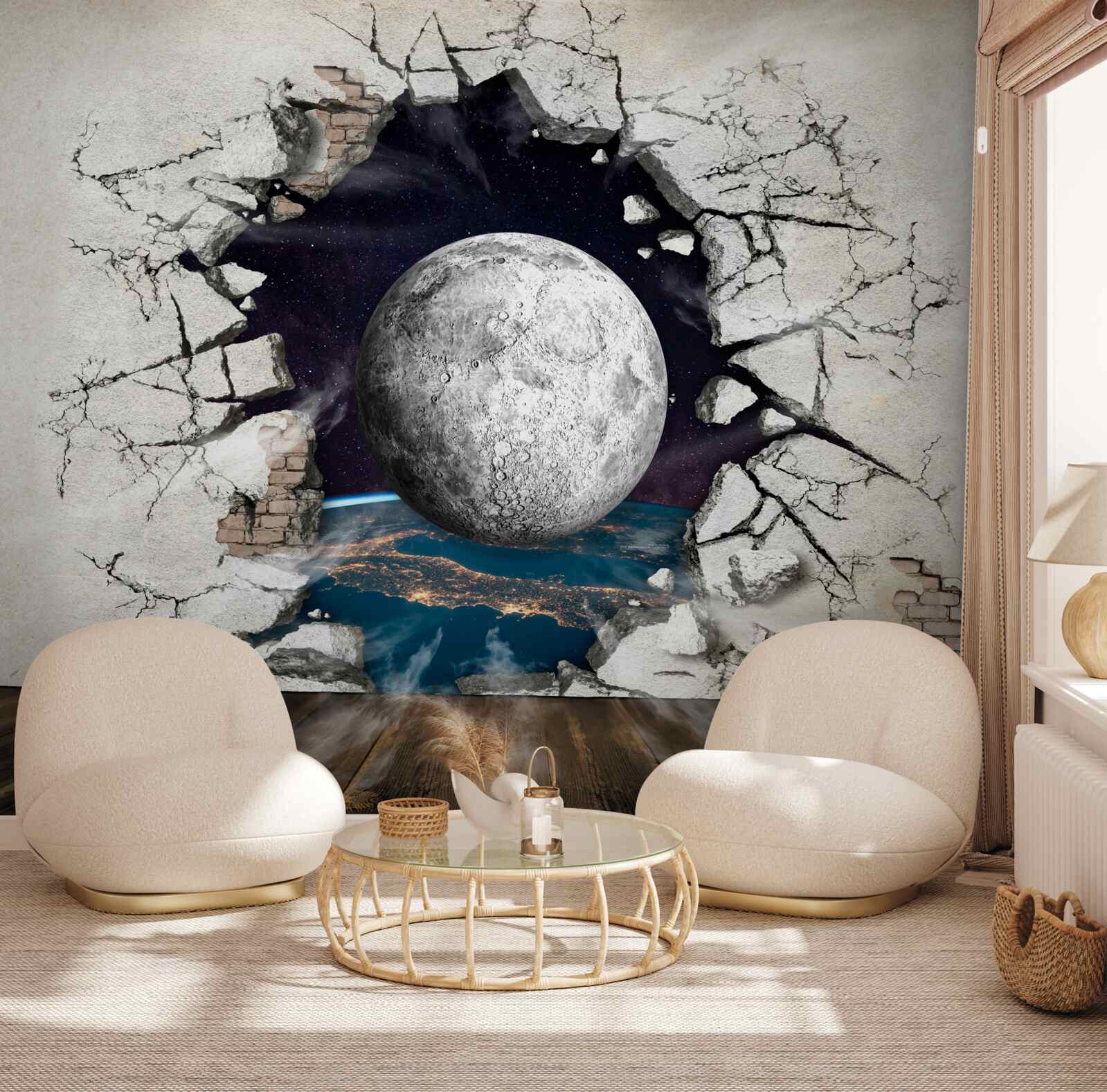 Фотошпалери біла стіна, розділена місяцем