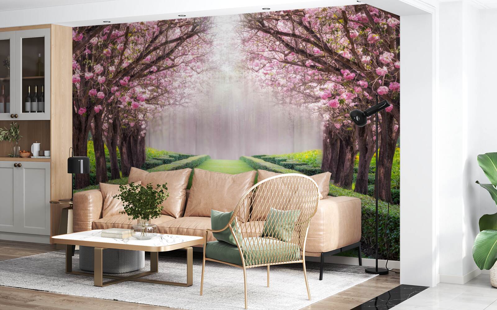 Фотошпалери акуратна алея із зеленню та квітучими сакурами