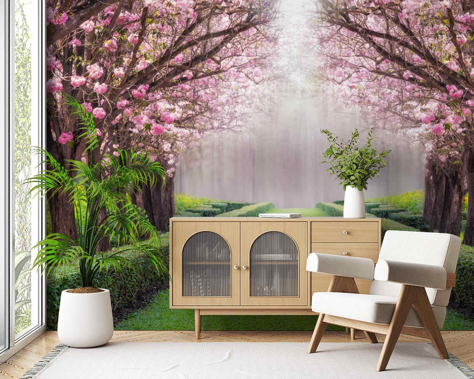 Фотошпалери акуратна алея із зеленню та квітучими сакурами