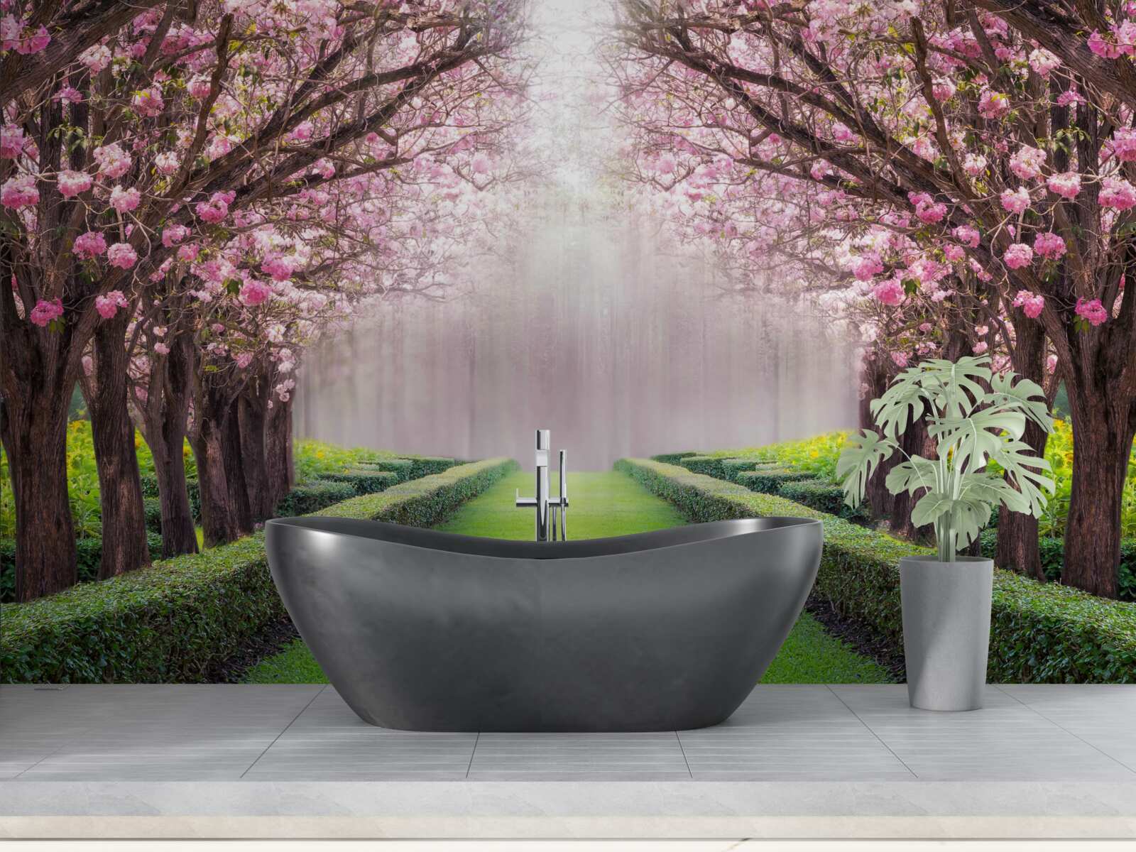 Фотошпалери акуратна алея із зеленню та квітучими сакурами