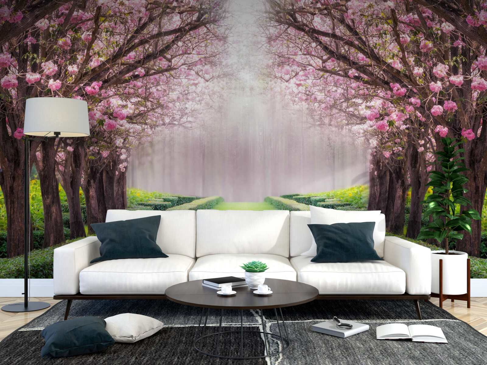 Фотошпалери акуратна алея із зеленню та квітучими сакурами