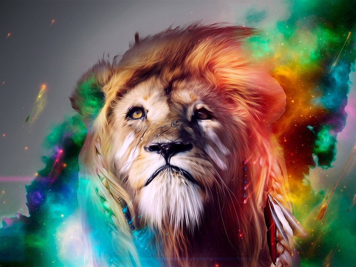 Фотошпалери абстракція з левом у яскравих кольорах та його вражаючою гривою