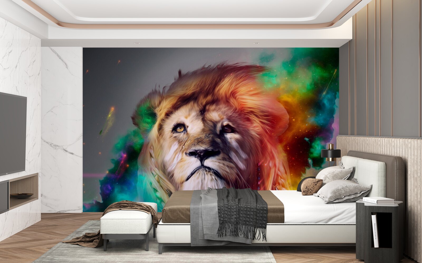 Фотошпалери абстракція з левом у яскравих кольорах та його вражаючою гривою