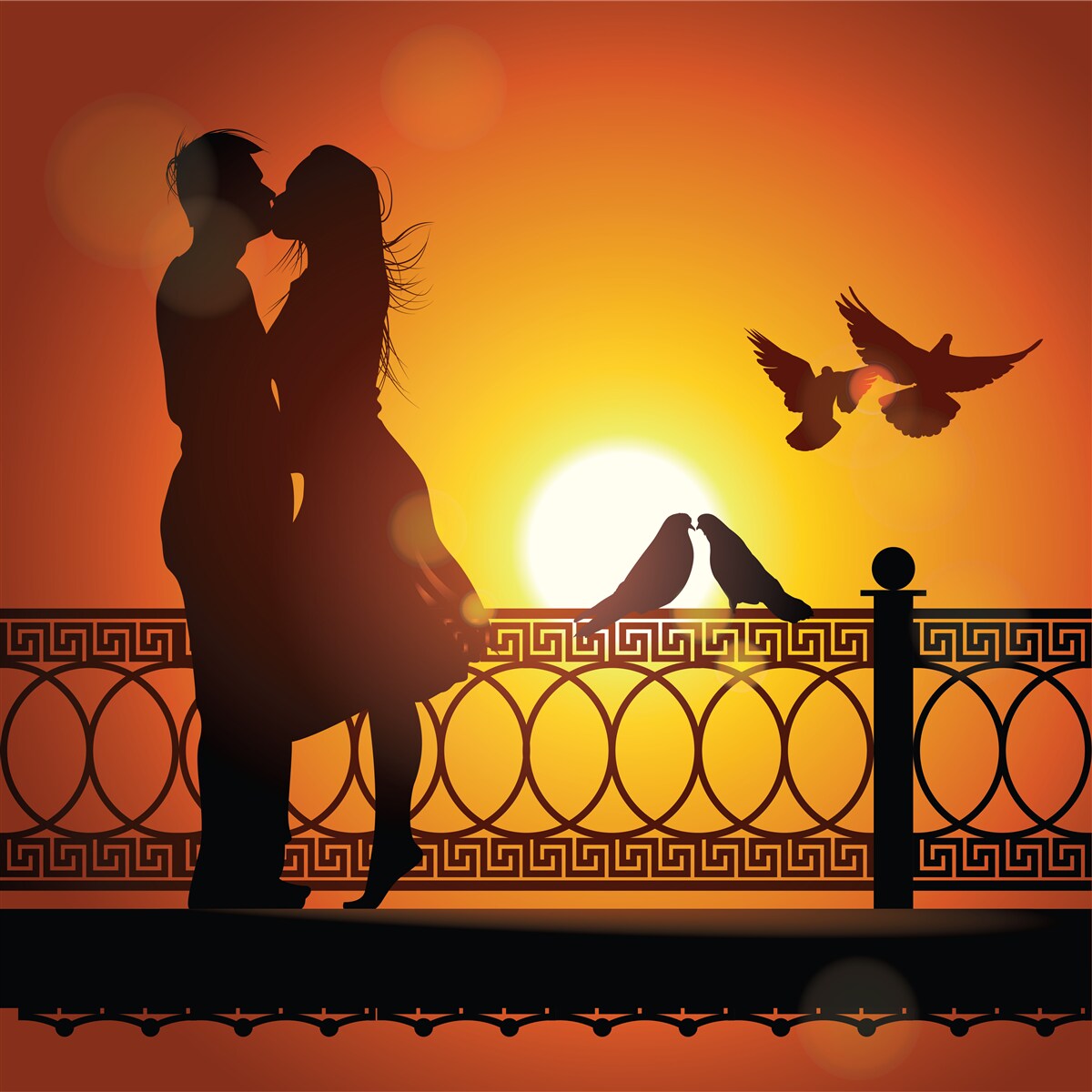 Фотошпалери закохані обмінюються поцілунками на тлі заходу сонця