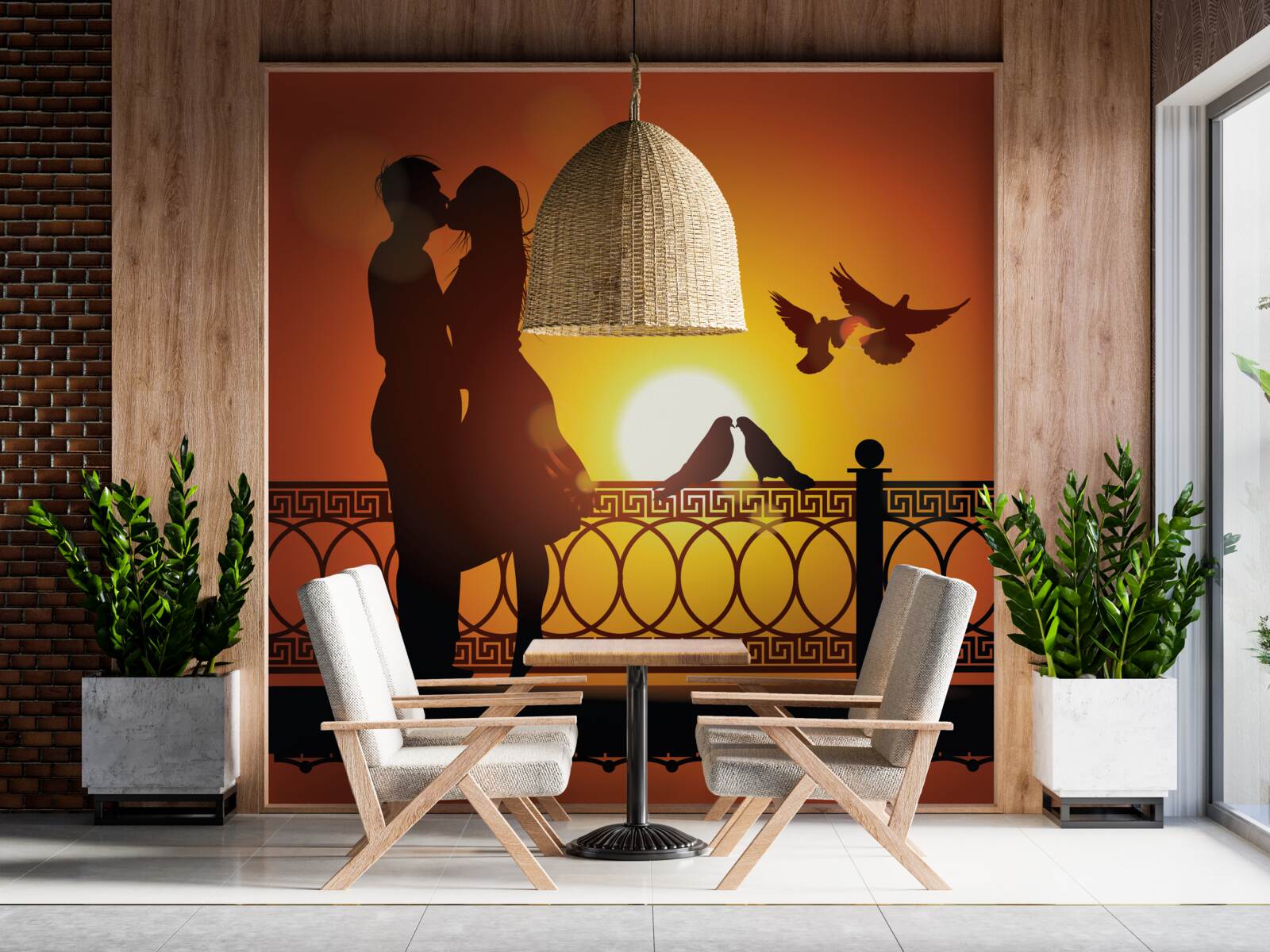 Фотошпалери закохані обмінюються поцілунками на тлі заходу сонця