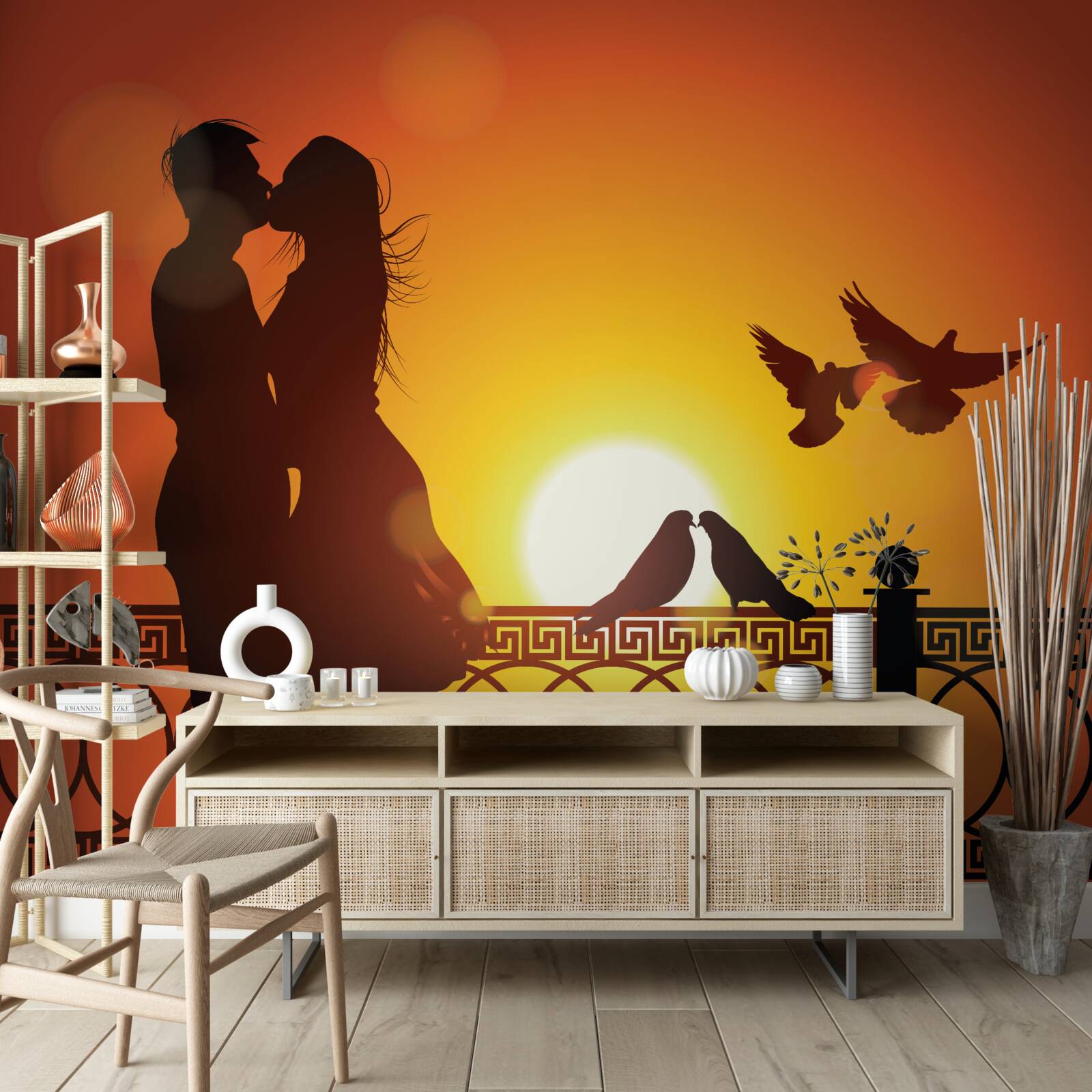 Фотошпалери закохані обмінюються поцілунками на тлі заходу сонця