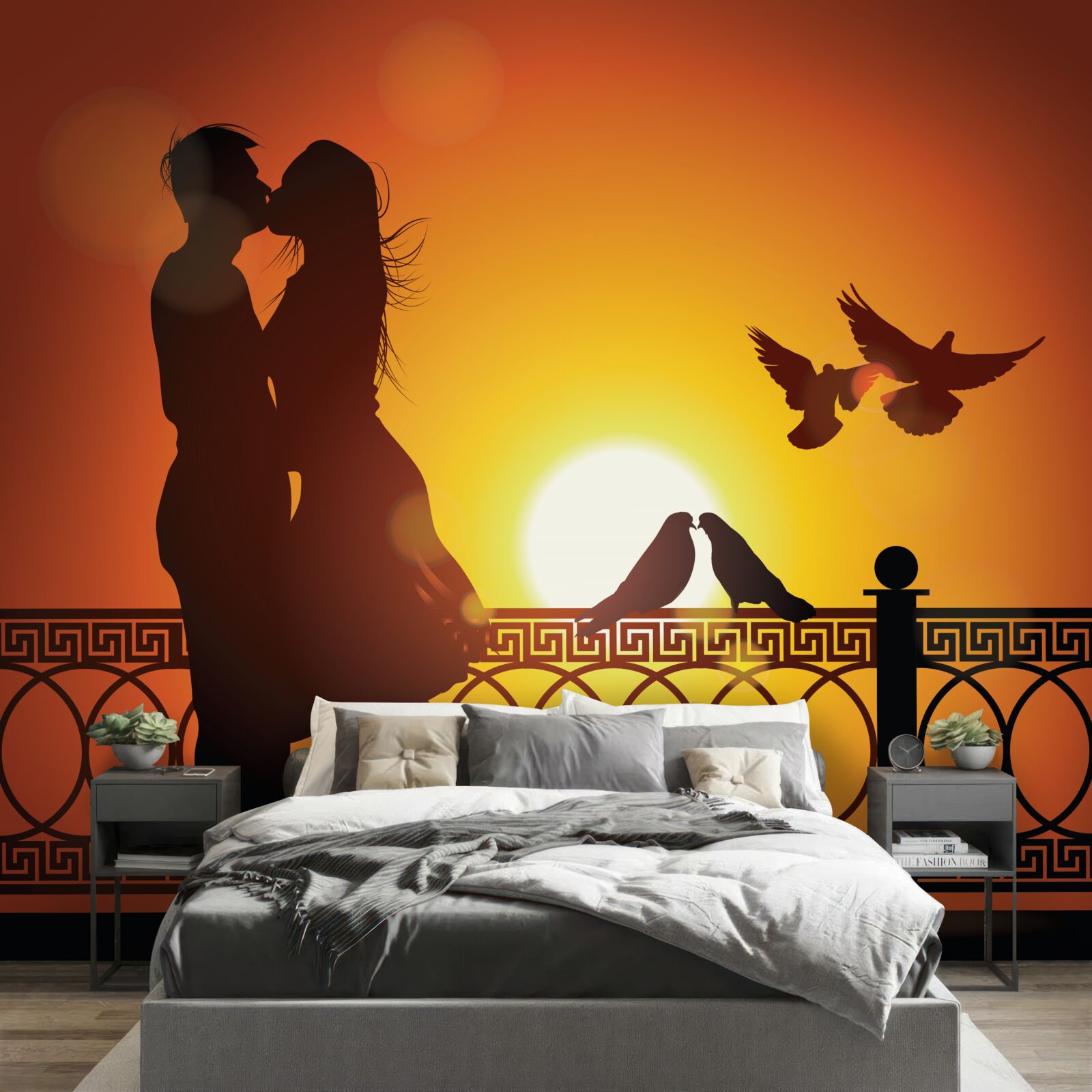 Фотошпалери закохані обмінюються поцілунками на тлі заходу сонця