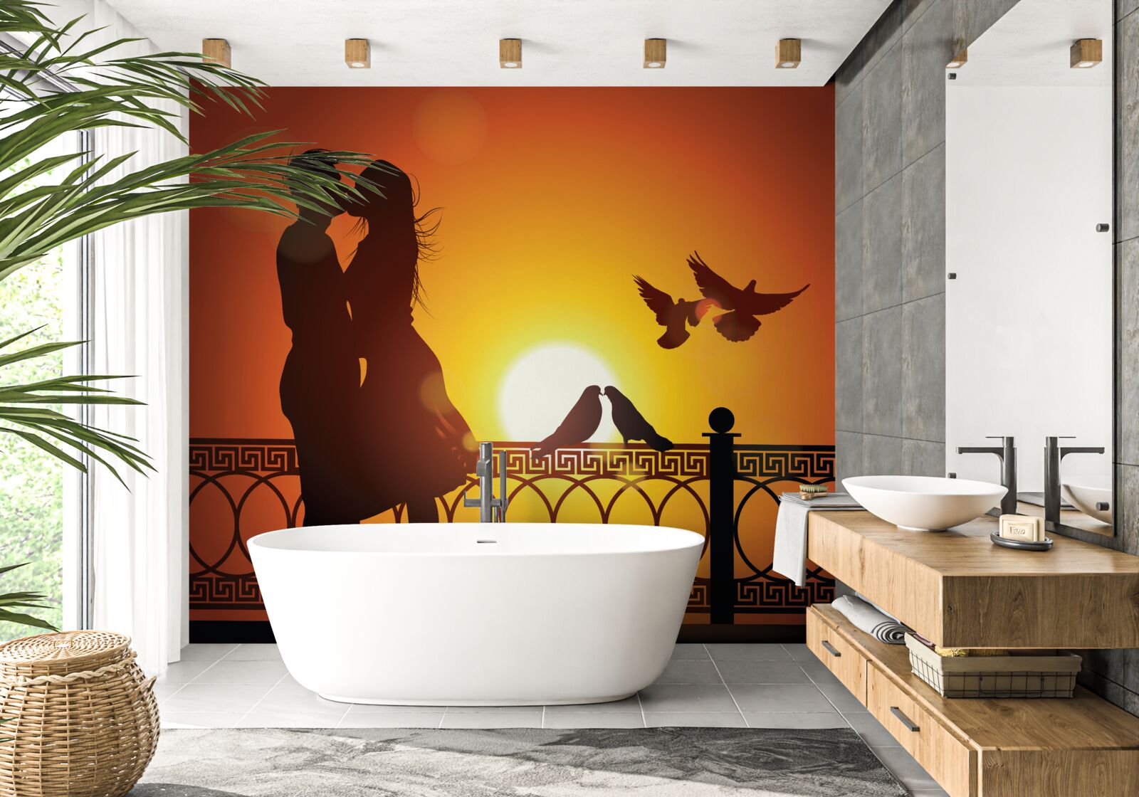 Фотошпалери закохані обмінюються поцілунками на тлі заходу сонця