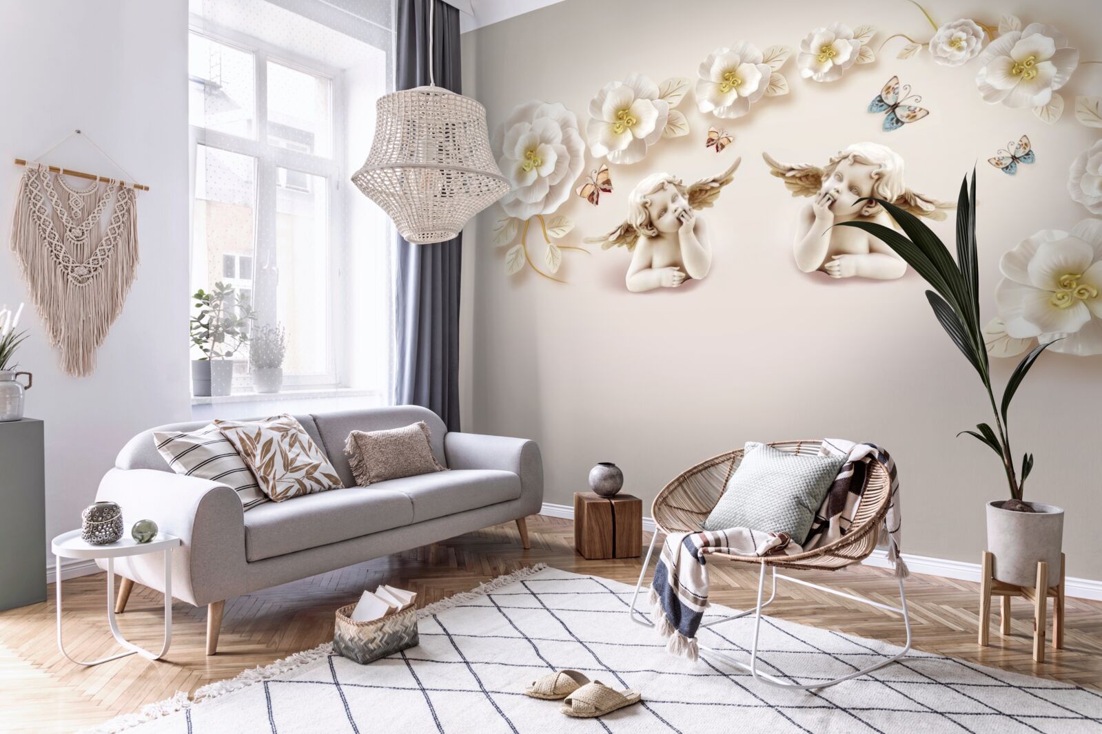 Фотошпалери композиція з метеликів і білих бутонів