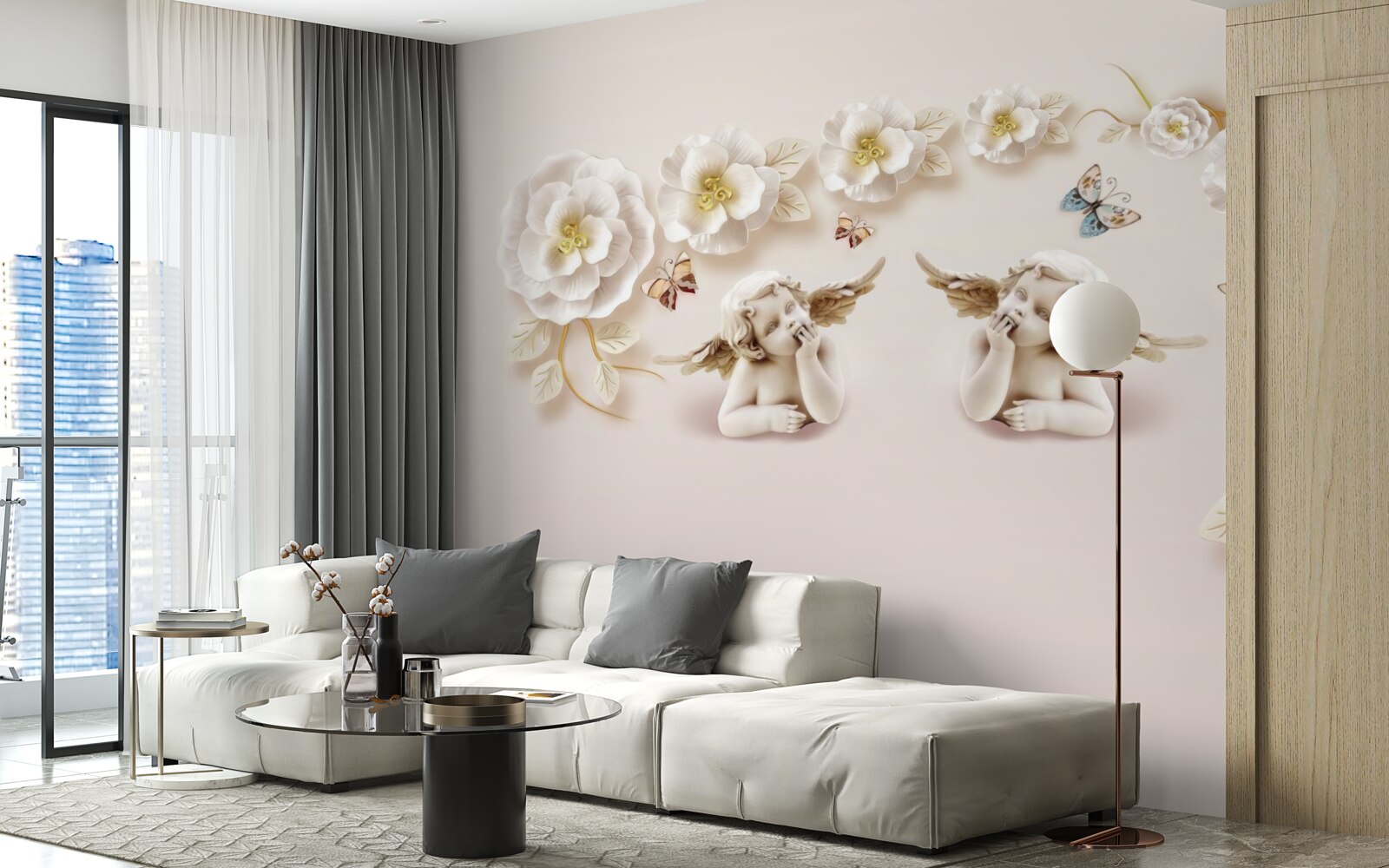 Фотошпалери композиція з метеликів і білих бутонів