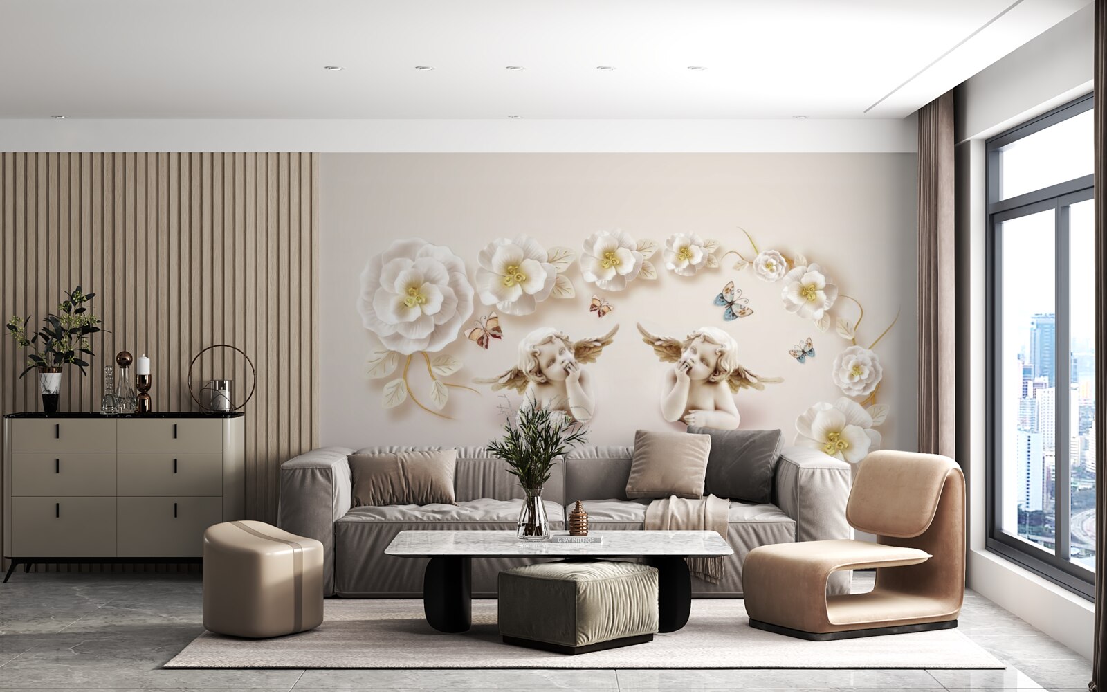 Фотошпалери композиція з метеликів і білих бутонів