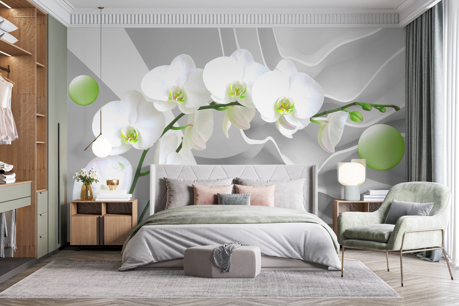 Фотошпалери таємно плаваючі зелені кульки та бліда орхідея