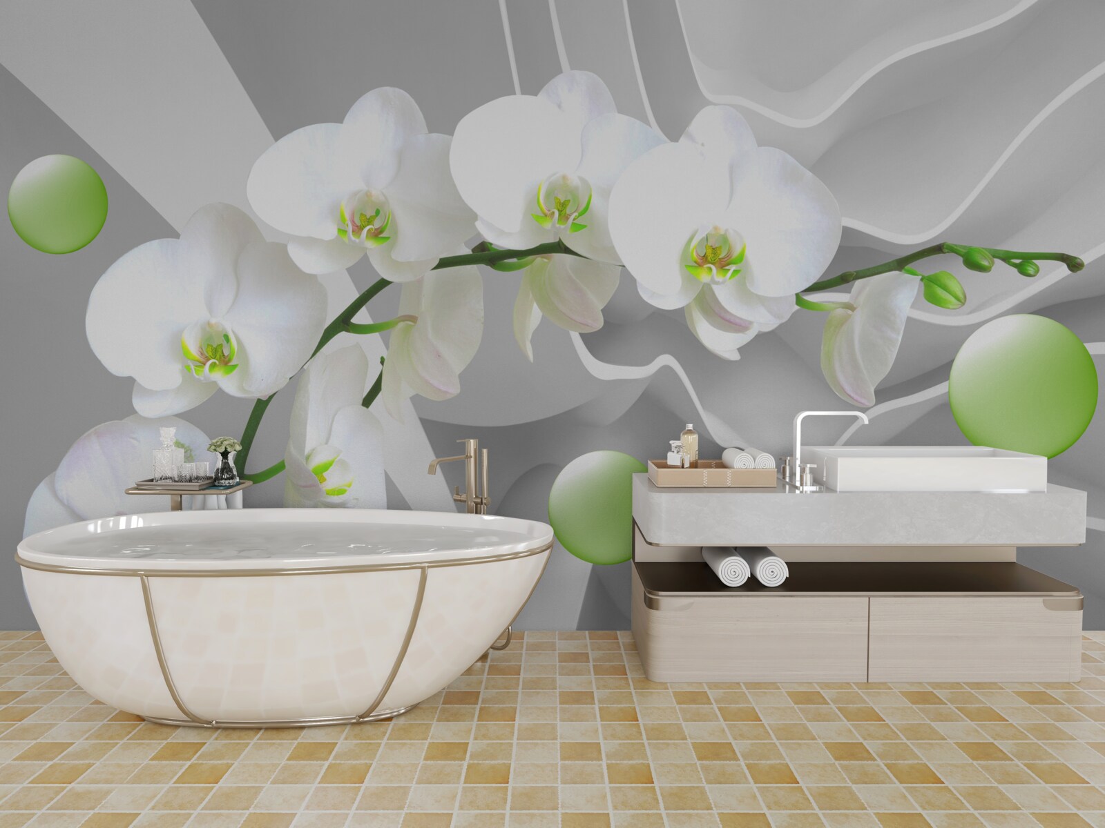 Фотошпалери таємно плаваючі зелені кульки та бліда орхідея