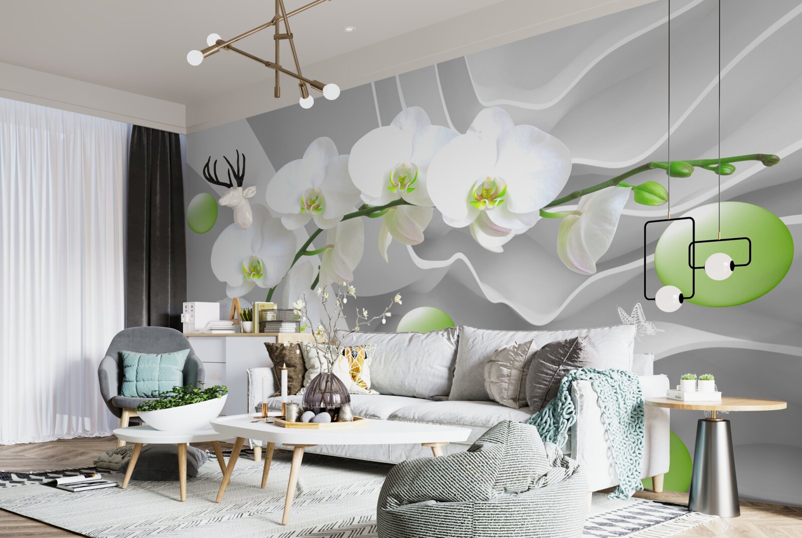 Фотошпалери таємно плаваючі зелені кульки та бліда орхідея