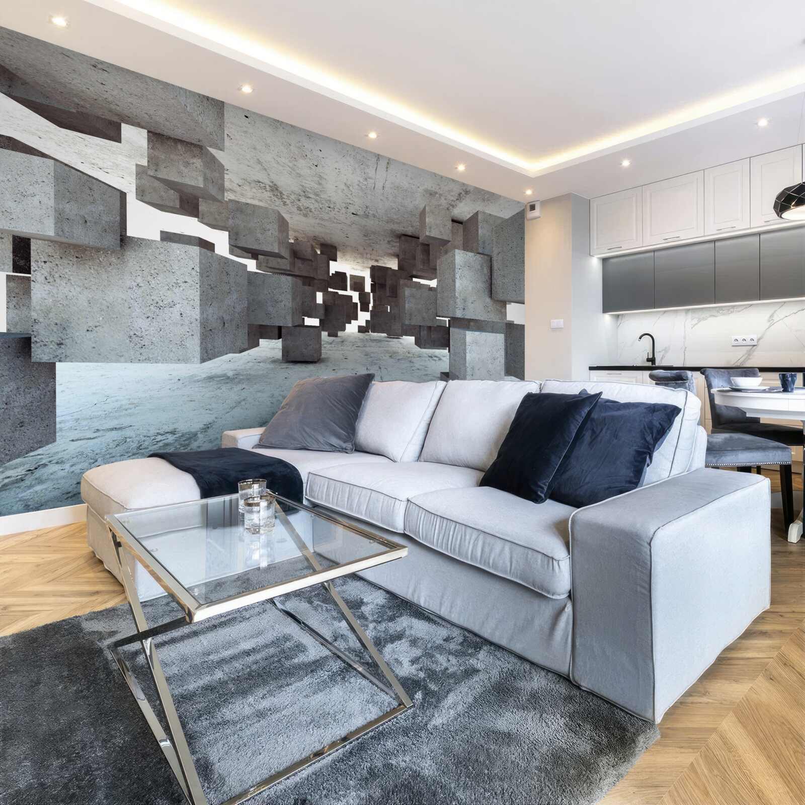 Фотошпалери сірі кубики плавно левітують у тунелі, віддаляючись вдалину