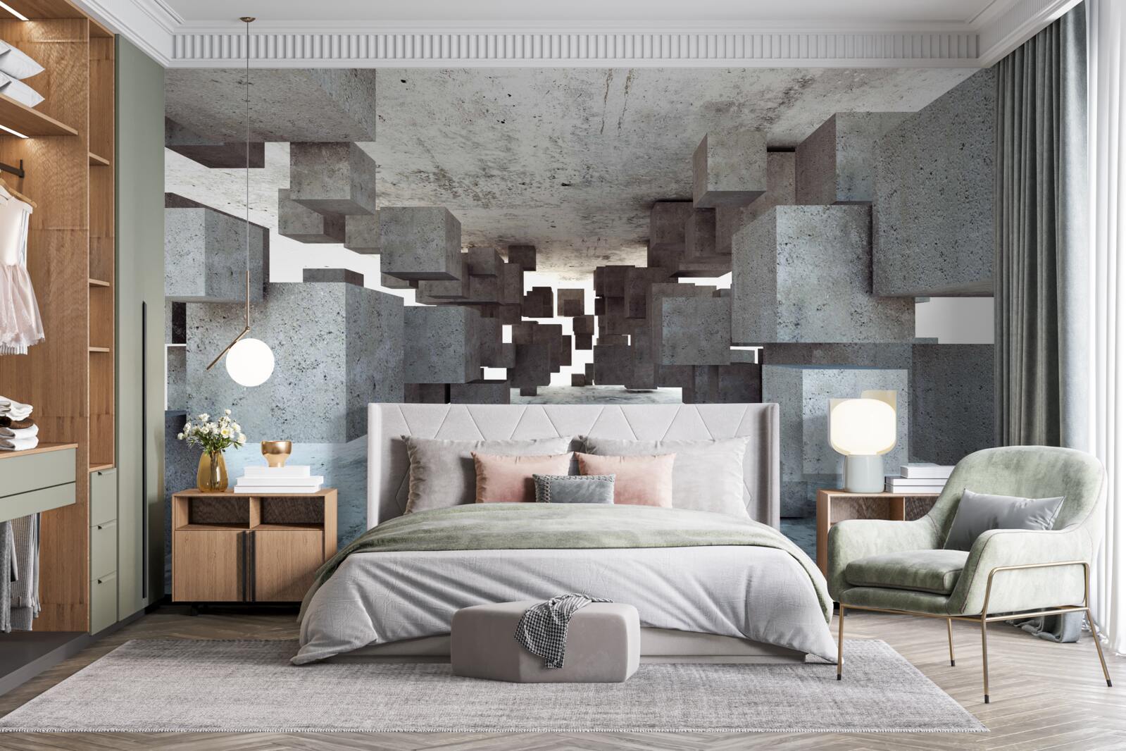 Фотошпалери сірі кубики плавно левітують у тунелі, віддаляючись вдалину