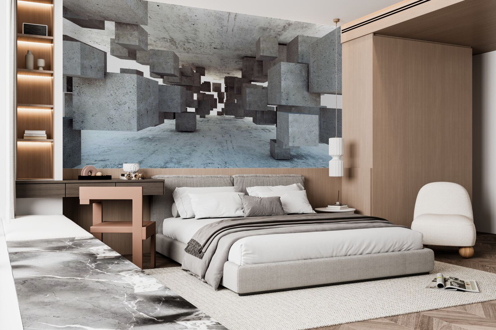 Фотошпалери сірі кубики плавно левітують у тунелі, віддаляючись вдалину