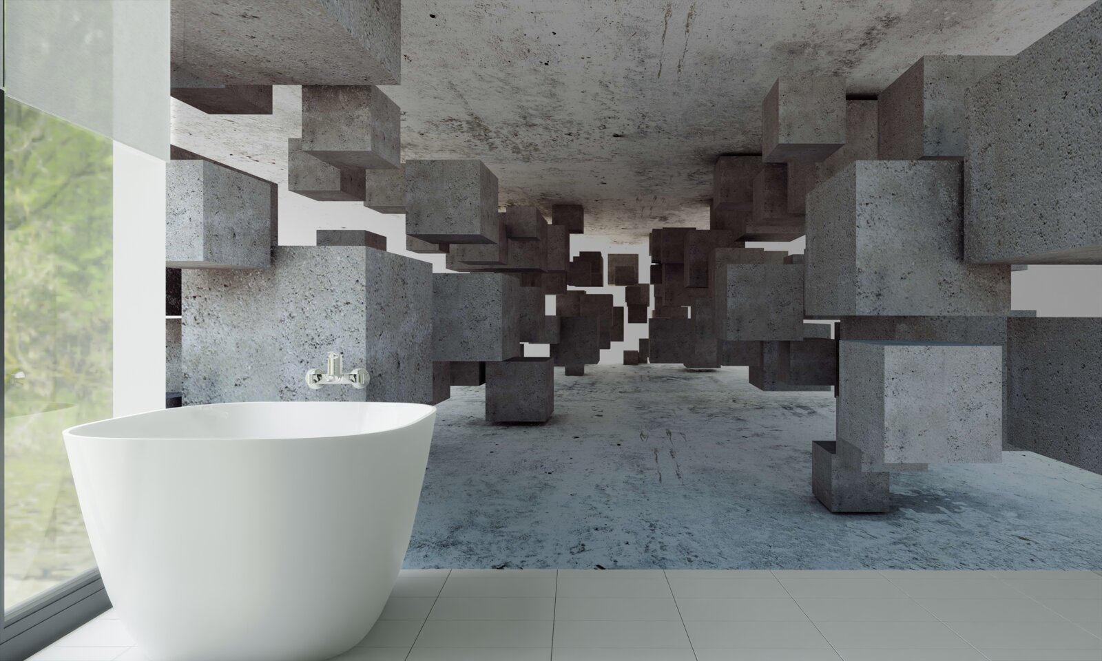 Фотошпалери сірі кубики плавно левітують у тунелі, віддаляючись вдалину