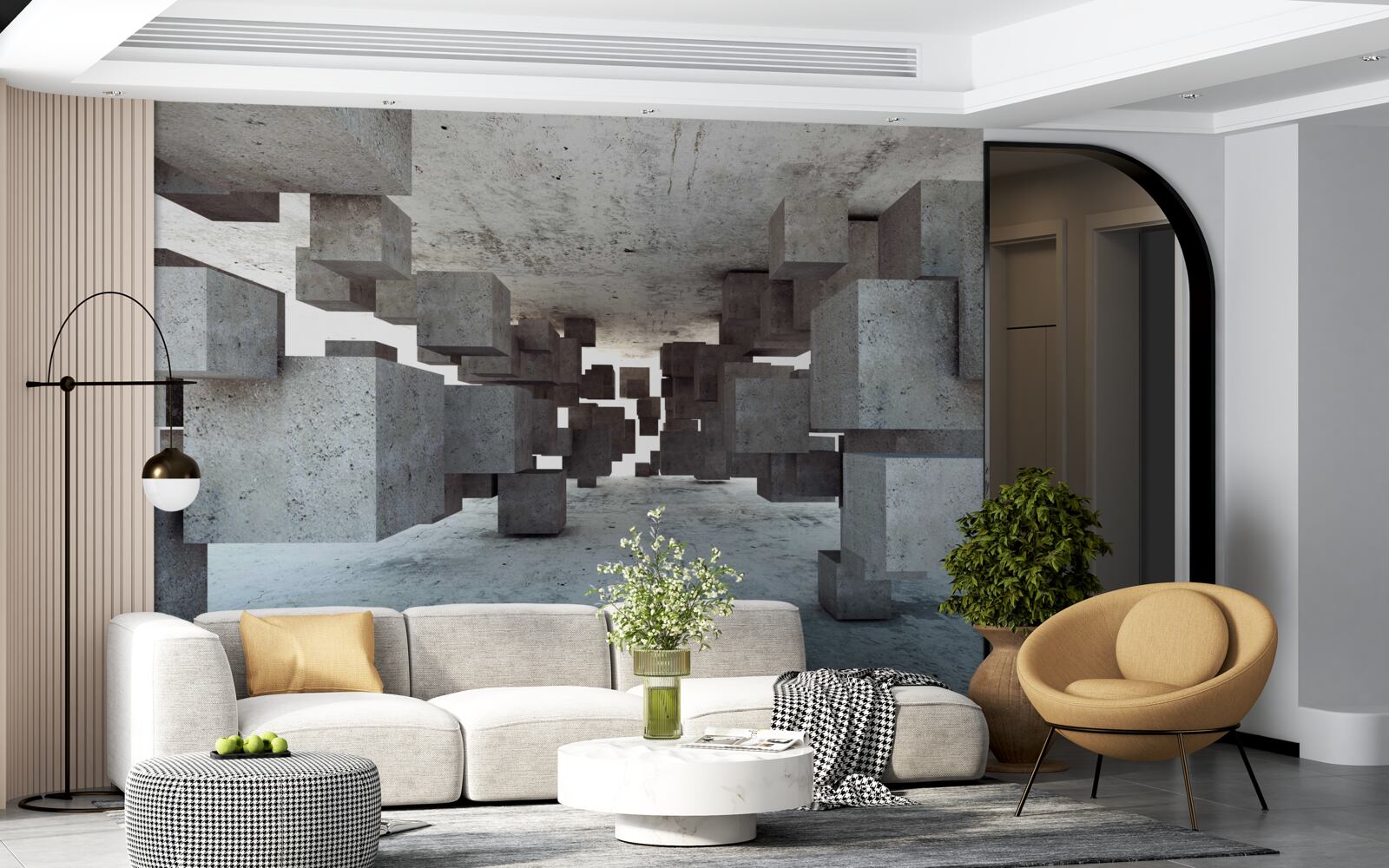 Фотошпалери сірі кубики плавно левітують у тунелі, віддаляючись вдалину