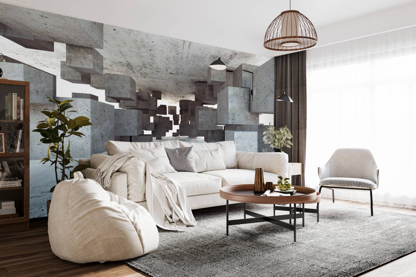 Фотошпалери сірі кубики плавно левітують у тунелі, віддаляючись вдалину